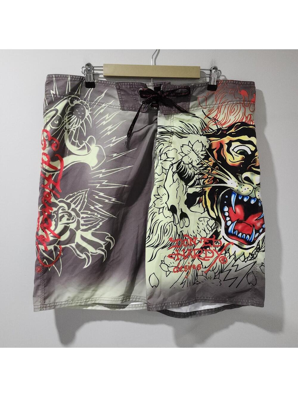 Ed Hardy Roar Board Shorts Swimming Surfing Beach Summer Y2K Tiger Skull Rose 38